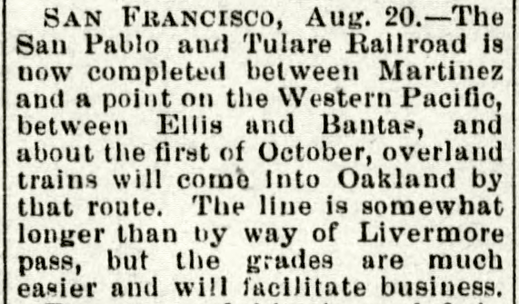 Tulare and San Pablo Line Built (News Article)