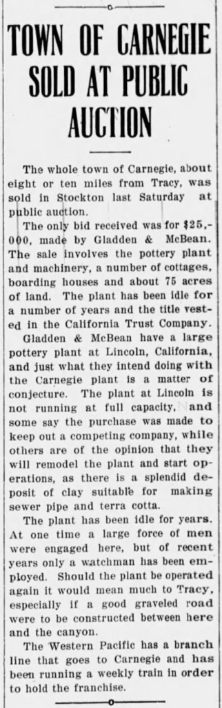 Image of "Town Of Carnegie Sold At Auction" newspaper article (Tracy Press, 12 February 1916)